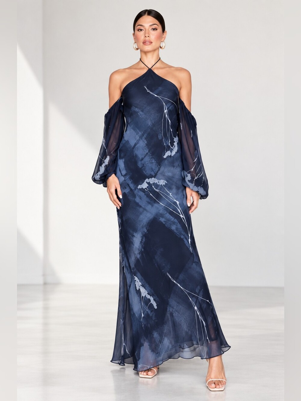 NWT ZARA HALTER DRESS WITH METALLIC THREAD AND BEADING Blue